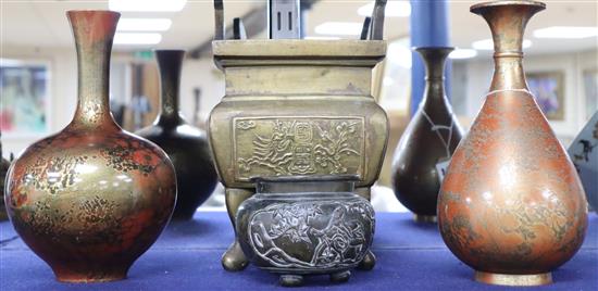 Two Japanese bronze vases and two bronze incense burners tallest 25cm